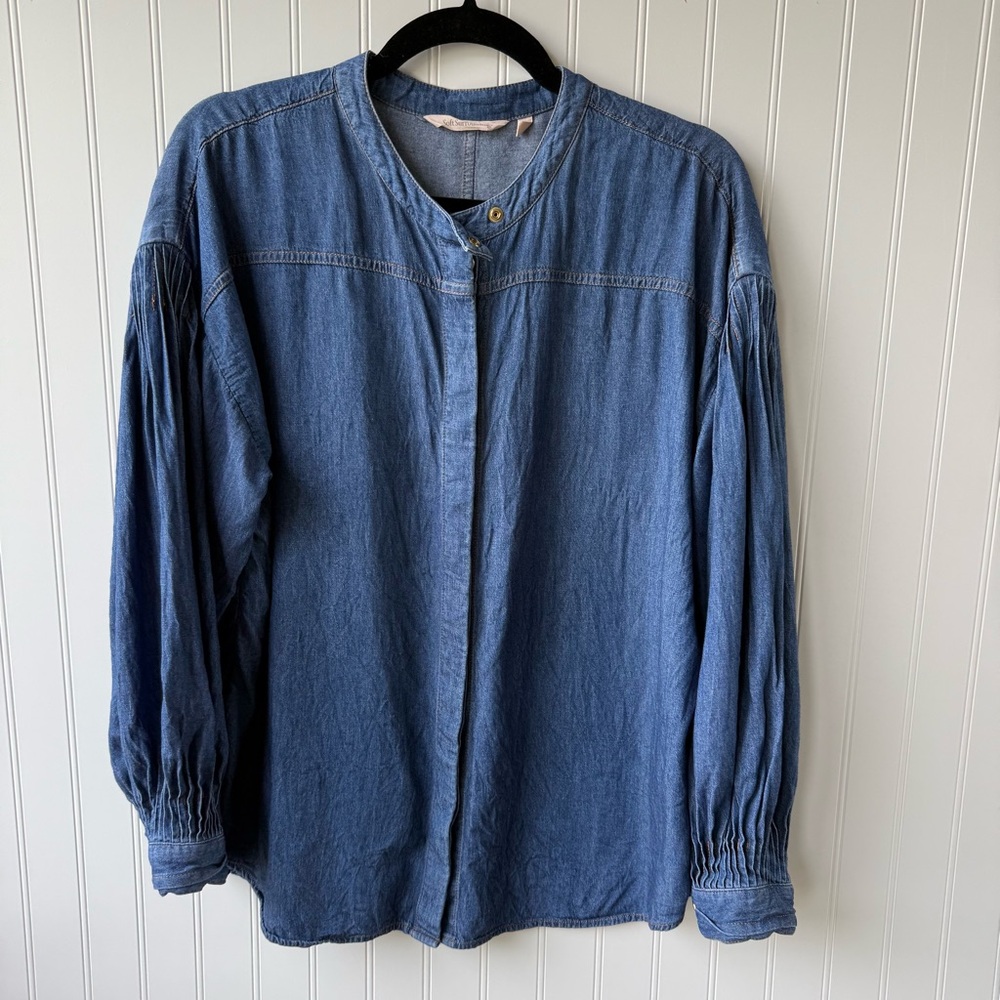 Soft Surroundings Denim Chambray Blouse Balloon Sleeve Button Front Top Large
